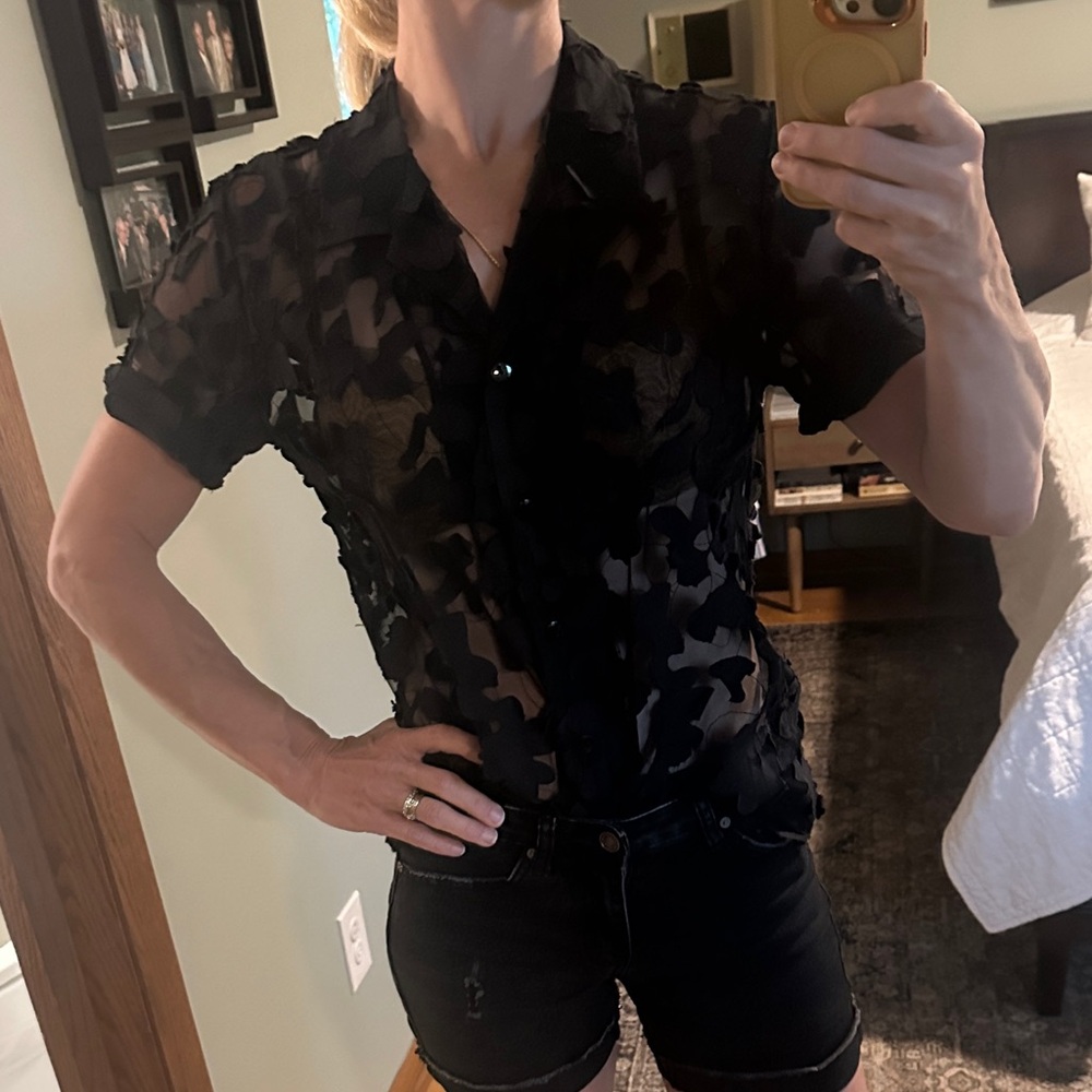 Vintage Black Super Flower Appliqué button down